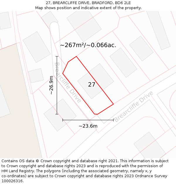 27, BREARCLIFFE DRIVE, BRADFORD, BD6 2LE: Plot and title map