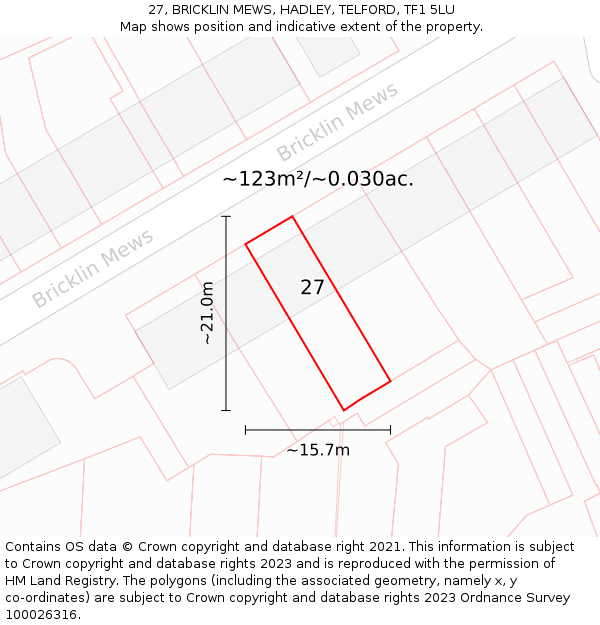 27, BRICKLIN MEWS, HADLEY, TELFORD, TF1 5LU: Plot and title map