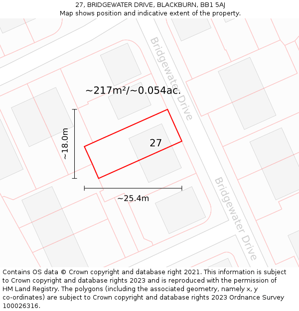 27, BRIDGEWATER DRIVE, BLACKBURN, BB1 5AJ: Plot and title map