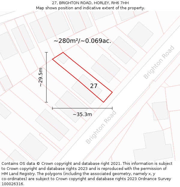 27, BRIGHTON ROAD, HORLEY, RH6 7HH: Plot and title map