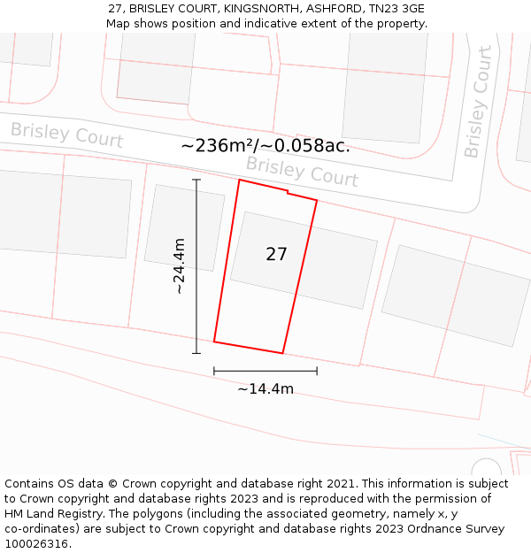 27, BRISLEY COURT, KINGSNORTH, ASHFORD, TN23 3GE: Plot and title map