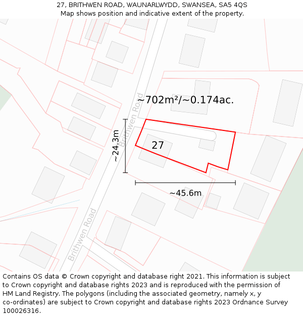 27, BRITHWEN ROAD, WAUNARLWYDD, SWANSEA, SA5 4QS: Plot and title map