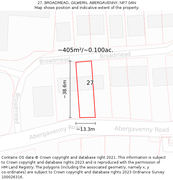 27, BROADMEAD, GILWERN, ABERGAVENNY, NP7 0AN: Plot and title map