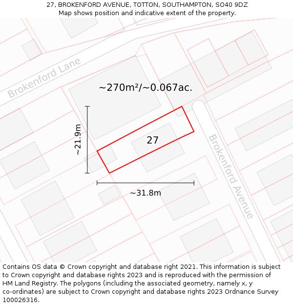 27, BROKENFORD AVENUE, TOTTON, SOUTHAMPTON, SO40 9DZ: Plot and title map