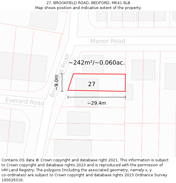 27, BROOKFIELD ROAD, BEDFORD, MK41 9LB: Plot and title map