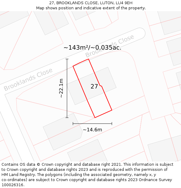 27, BROOKLANDS CLOSE, LUTON, LU4 9EH: Plot and title map