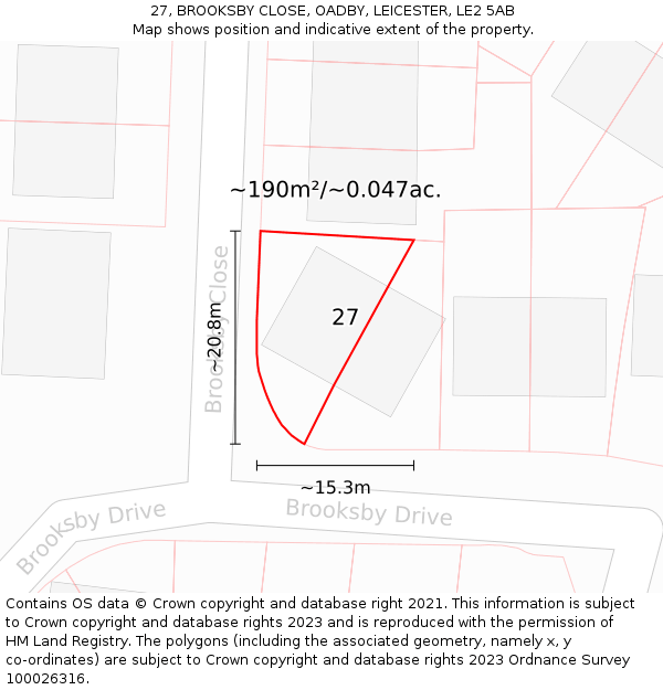 27, BROOKSBY CLOSE, OADBY, LEICESTER, LE2 5AB: Plot and title map