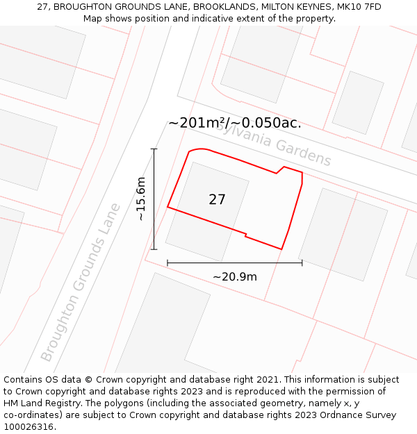 27, BROUGHTON GROUNDS LANE, BROOKLANDS, MILTON KEYNES, MK10 7FD: Plot and title map