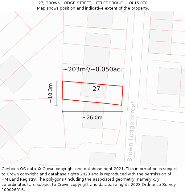 27, BROWN LODGE STREET, LITTLEBOROUGH, OL15 0EP: Plot and title map