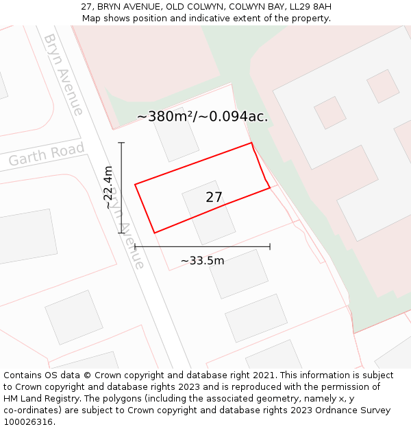 27, BRYN AVENUE, OLD COLWYN, COLWYN BAY, LL29 8AH: Plot and title map