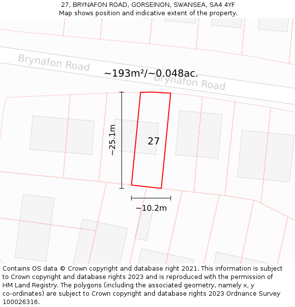 27, BRYNAFON ROAD, GORSEINON, SWANSEA, SA4 4YF: Plot and title map