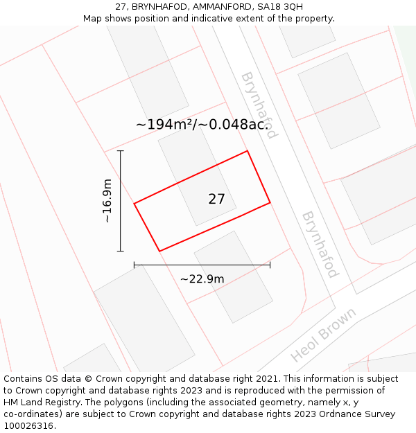 27, BRYNHAFOD, AMMANFORD, SA18 3QH: Plot and title map