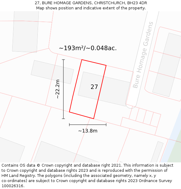 27, BURE HOMAGE GARDENS, CHRISTCHURCH, BH23 4DR: Plot and title map