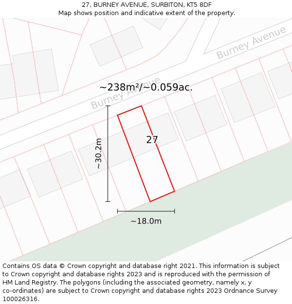 27, BURNEY AVENUE, SURBITON, KT5 8DF: Plot and title map