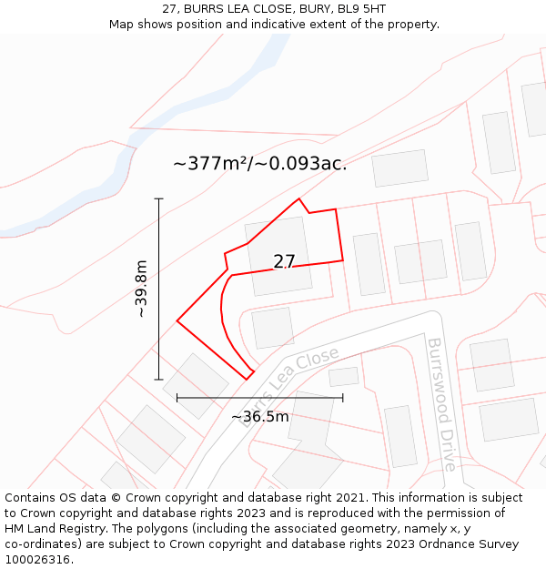 27, BURRS LEA CLOSE, BURY, BL9 5HT: Plot and title map