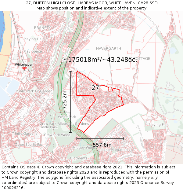 27, BURTON HIGH CLOSE, HARRAS MOOR, WHITEHAVEN, CA28 6SD: Plot and title map