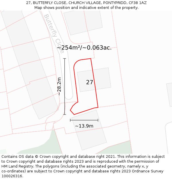 27, BUTTERFLY CLOSE, CHURCH VILLAGE, PONTYPRIDD, CF38 1AZ: Plot and title map