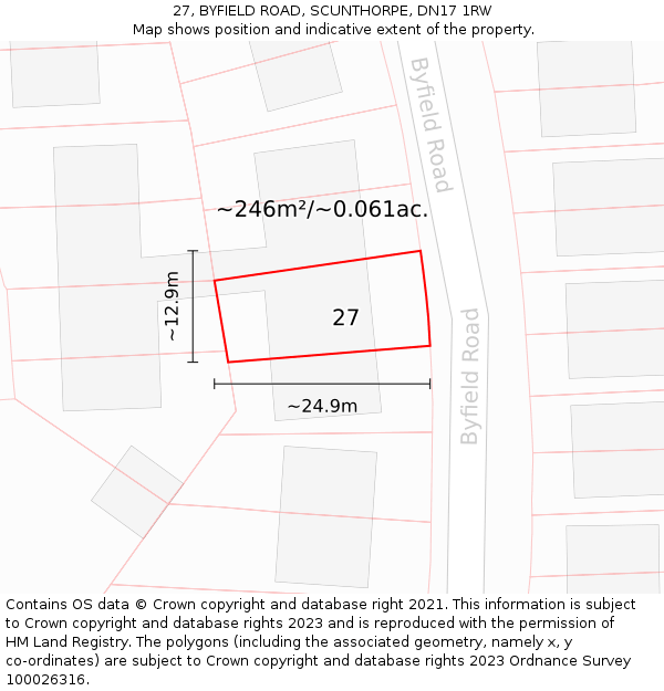 27, BYFIELD ROAD, SCUNTHORPE, DN17 1RW: Plot and title map