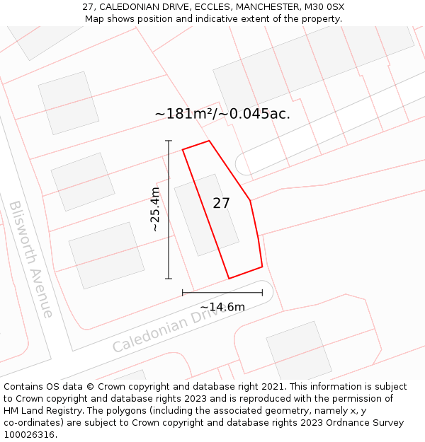 27, CALEDONIAN DRIVE, ECCLES, MANCHESTER, M30 0SX: Plot and title map