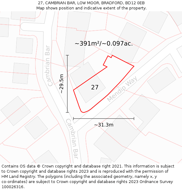 27, CAMBRIAN BAR, LOW MOOR, BRADFORD, BD12 0EB: Plot and title map