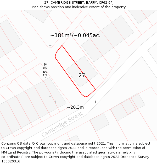 27, CAMBRIDGE STREET, BARRY, CF62 6PJ: Plot and title map