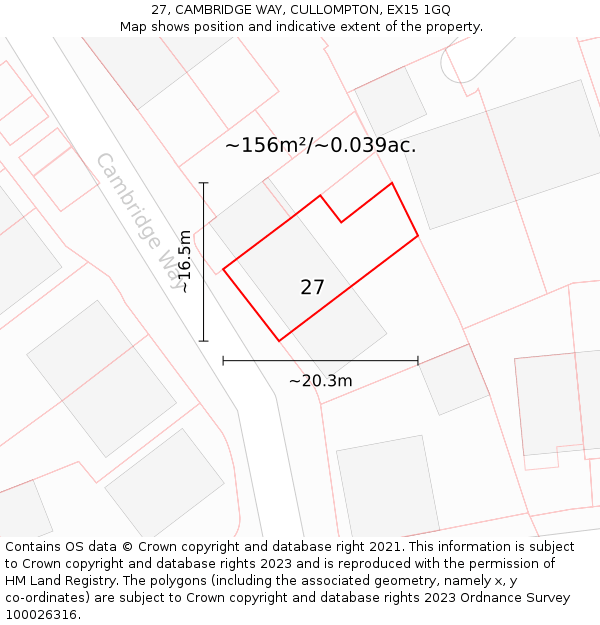 27, CAMBRIDGE WAY, CULLOMPTON, EX15 1GQ: Plot and title map