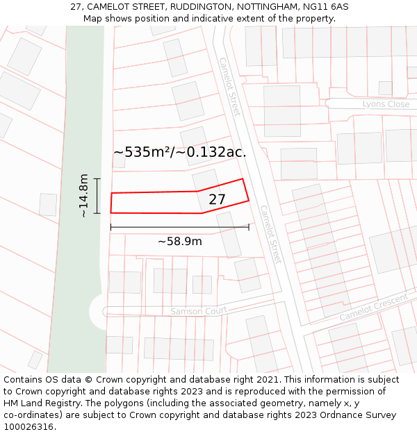 27, CAMELOT STREET, RUDDINGTON, NOTTINGHAM, NG11 6AS: Plot and title map