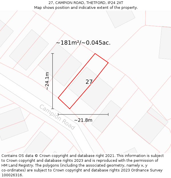 27, CAMPION ROAD, THETFORD, IP24 2XT: Plot and title map