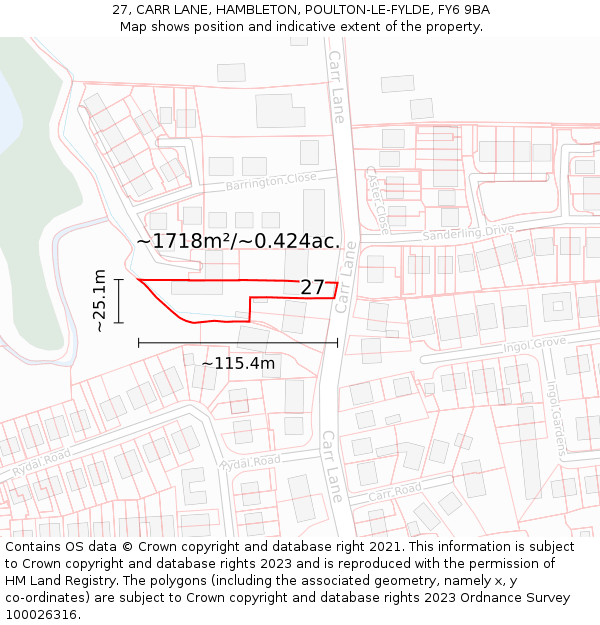 27, CARR LANE, HAMBLETON, POULTON-LE-FYLDE, FY6 9BA: Plot and title map