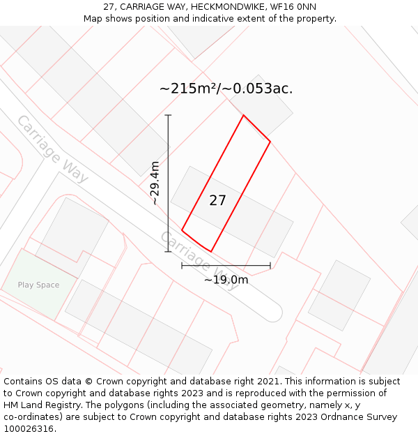 27, CARRIAGE WAY, HECKMONDWIKE, WF16 0NN: Plot and title map