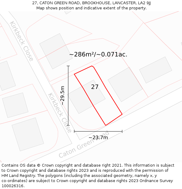 27, CATON GREEN ROAD, BROOKHOUSE, LANCASTER, LA2 9JJ: Plot and title map