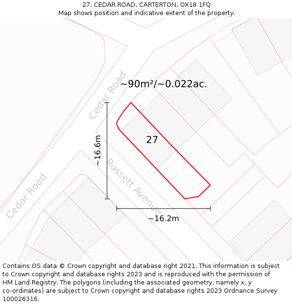 27, CEDAR ROAD, CARTERTON, OX18 1FQ: Plot and title map