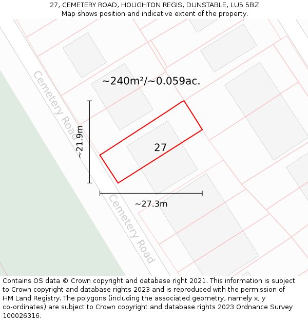 27, CEMETERY ROAD, HOUGHTON REGIS, DUNSTABLE, LU5 5BZ: Plot and title map