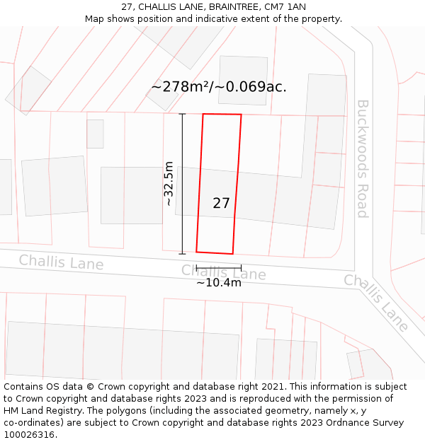 27, CHALLIS LANE, BRAINTREE, CM7 1AN: Plot and title map