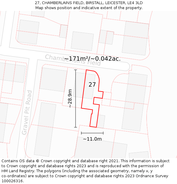 27, CHAMBERLAINS FIELD, BIRSTALL, LEICESTER, LE4 3LD: Plot and title map