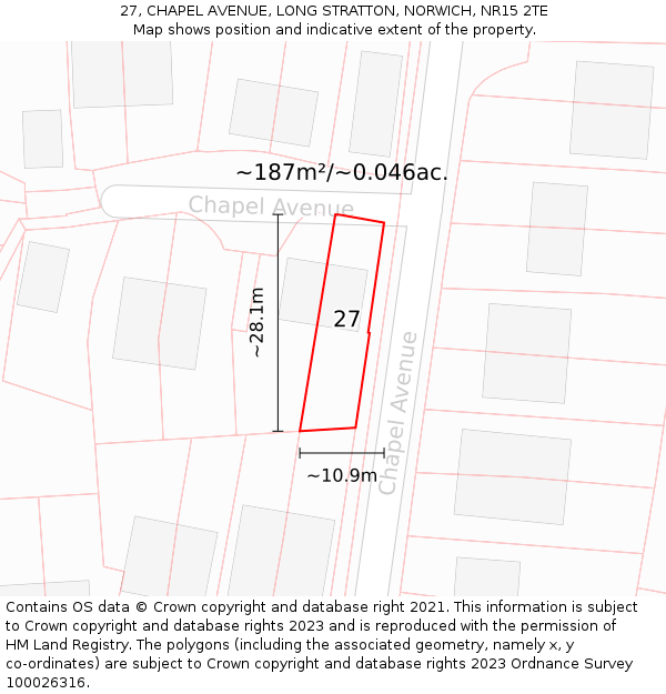 27, CHAPEL AVENUE, LONG STRATTON, NORWICH, NR15 2TE: Plot and title map