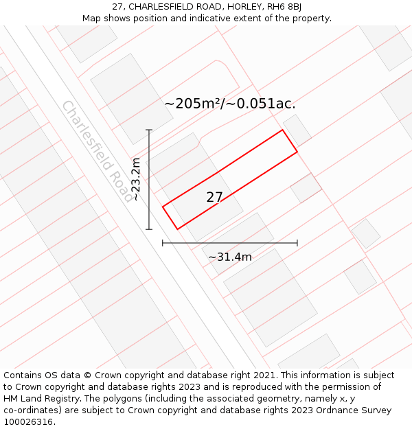 27, CHARLESFIELD ROAD, HORLEY, RH6 8BJ: Plot and title map