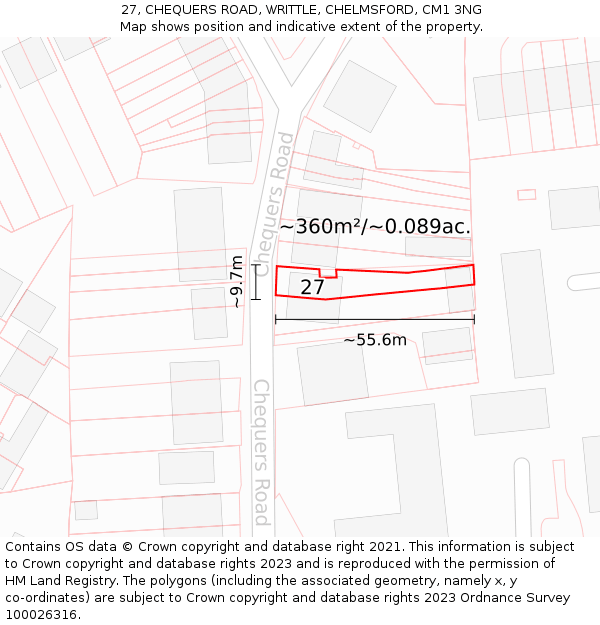 27, CHEQUERS ROAD, WRITTLE, CHELMSFORD, CM1 3NG: Plot and title map