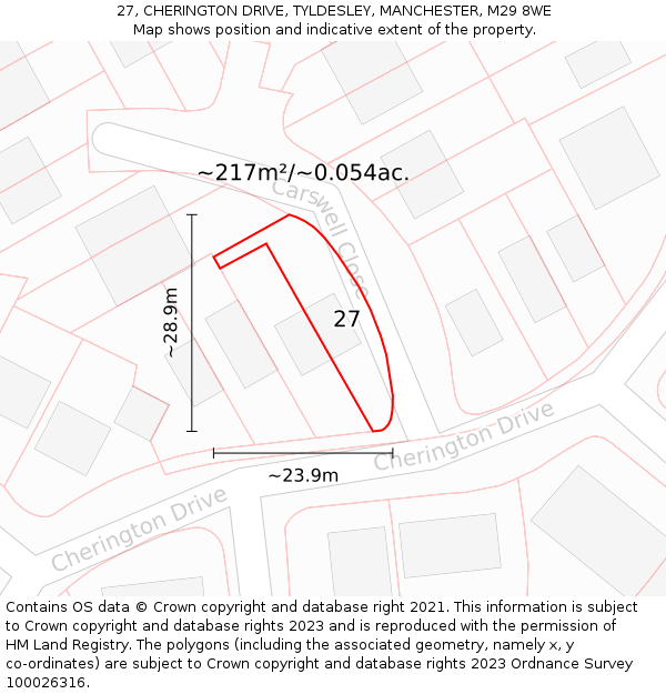 27, CHERINGTON DRIVE, TYLDESLEY, MANCHESTER, M29 8WE: Plot and title map