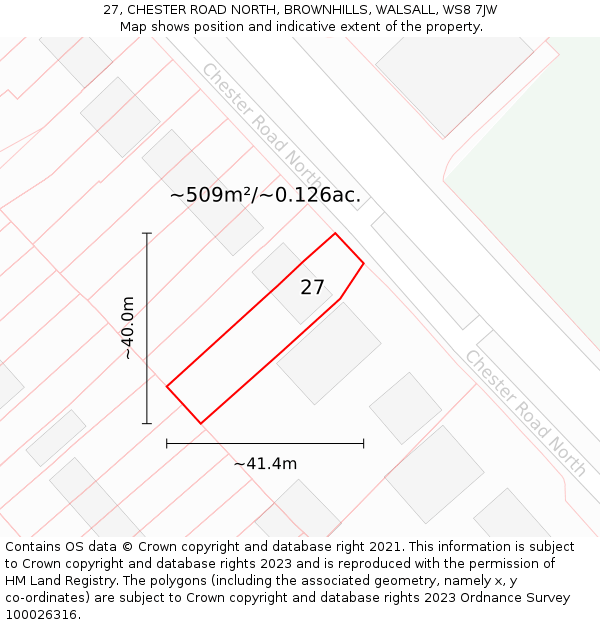 27, CHESTER ROAD NORTH, BROWNHILLS, WALSALL, WS8 7JW: Plot and title map