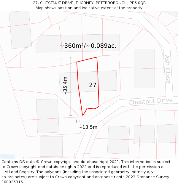 27, CHESTNUT DRIVE, THORNEY, PETERBOROUGH, PE6 0QR: Plot and title map