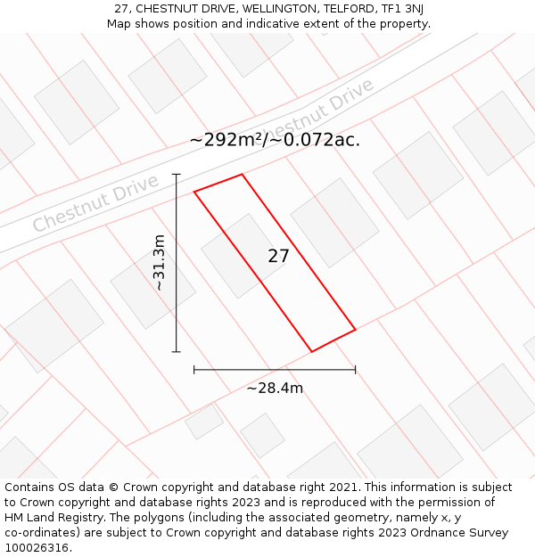 27, CHESTNUT DRIVE, WELLINGTON, TELFORD, TF1 3NJ: Plot and title map