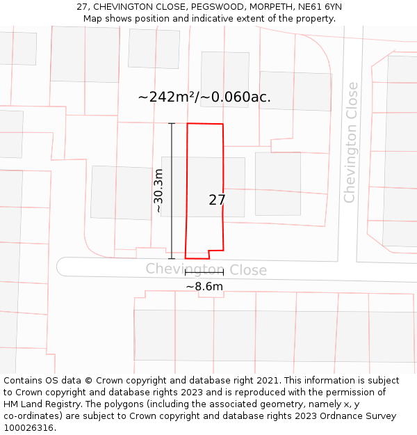 27, CHEVINGTON CLOSE, PEGSWOOD, MORPETH, NE61 6YN: Plot and title map