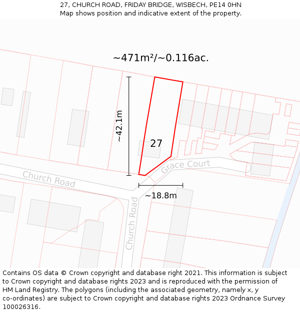 27, CHURCH ROAD, FRIDAY BRIDGE, WISBECH, PE14 0HN: Plot and title map