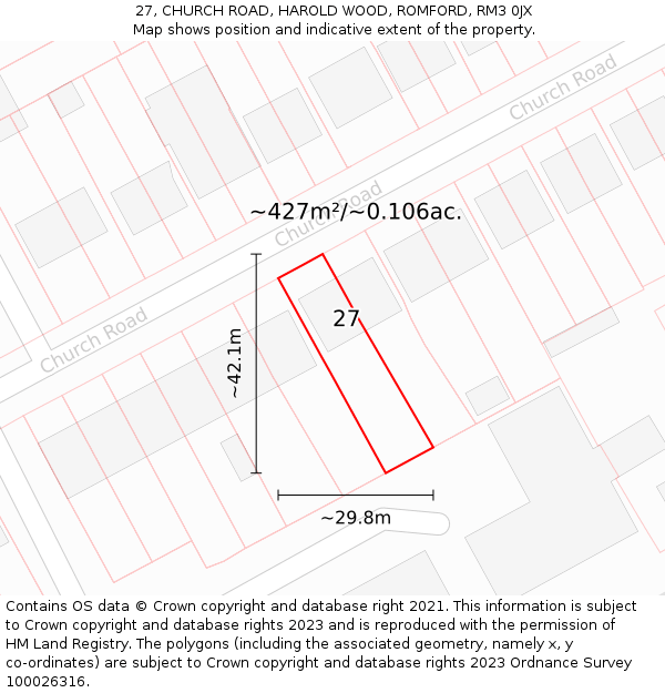 27, CHURCH ROAD, HAROLD WOOD, ROMFORD, RM3 0JX: Plot and title map