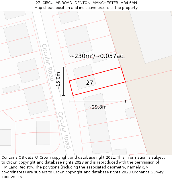 27, CIRCULAR ROAD, DENTON, MANCHESTER, M34 6AN: Plot and title map