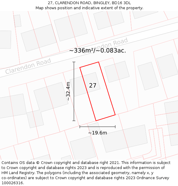 27, CLARENDON ROAD, BINGLEY, BD16 3DL: Plot and title map