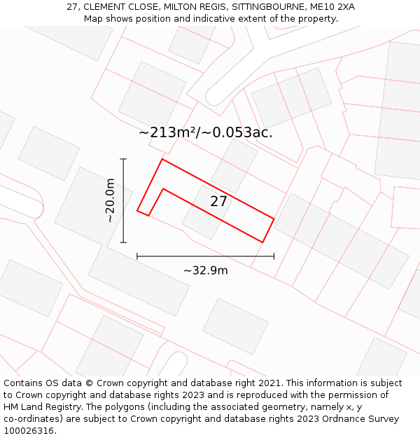 27, CLEMENT CLOSE, MILTON REGIS, SITTINGBOURNE, ME10 2XA: Plot and title map