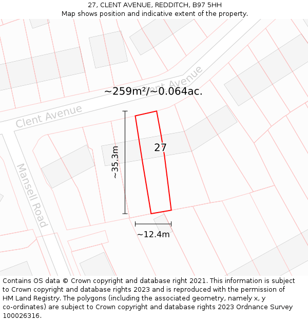 27, CLENT AVENUE, REDDITCH, B97 5HH: Plot and title map