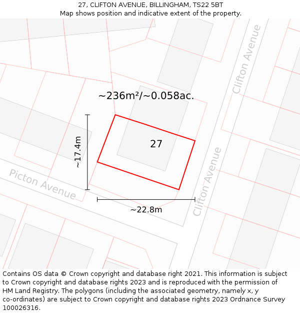 27, CLIFTON AVENUE, BILLINGHAM, TS22 5BT: Plot and title map